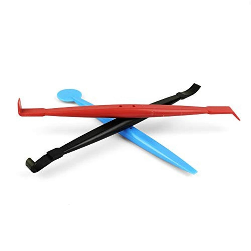 Window tint squeegee set with red frame, black handle, and blue plastic edge tools