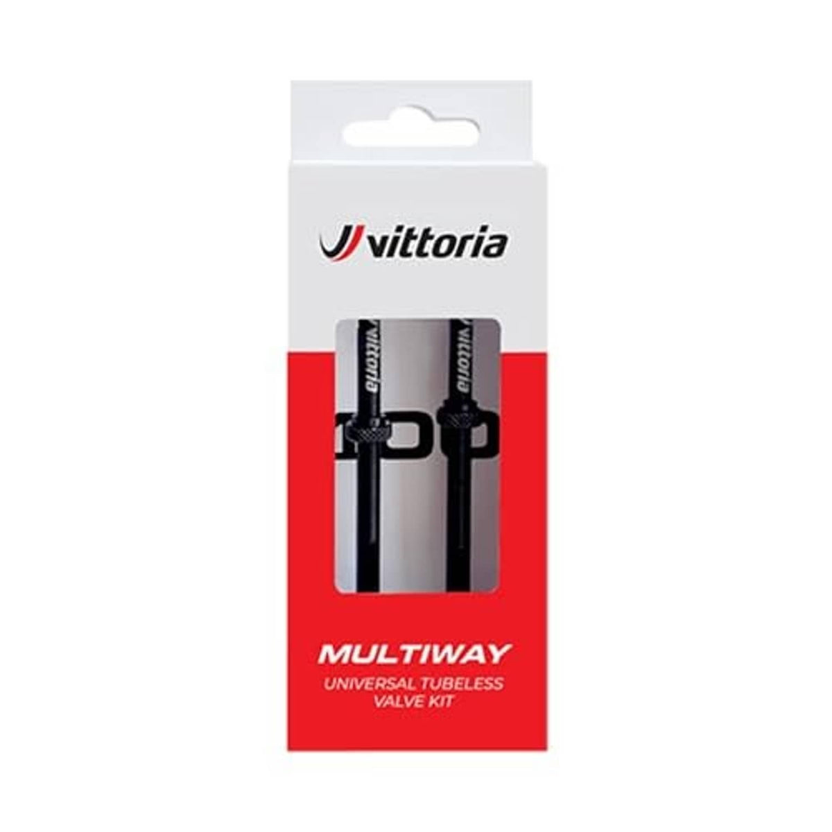 Vittoria Multiway universal tubeless valve kit packaging with two black valves