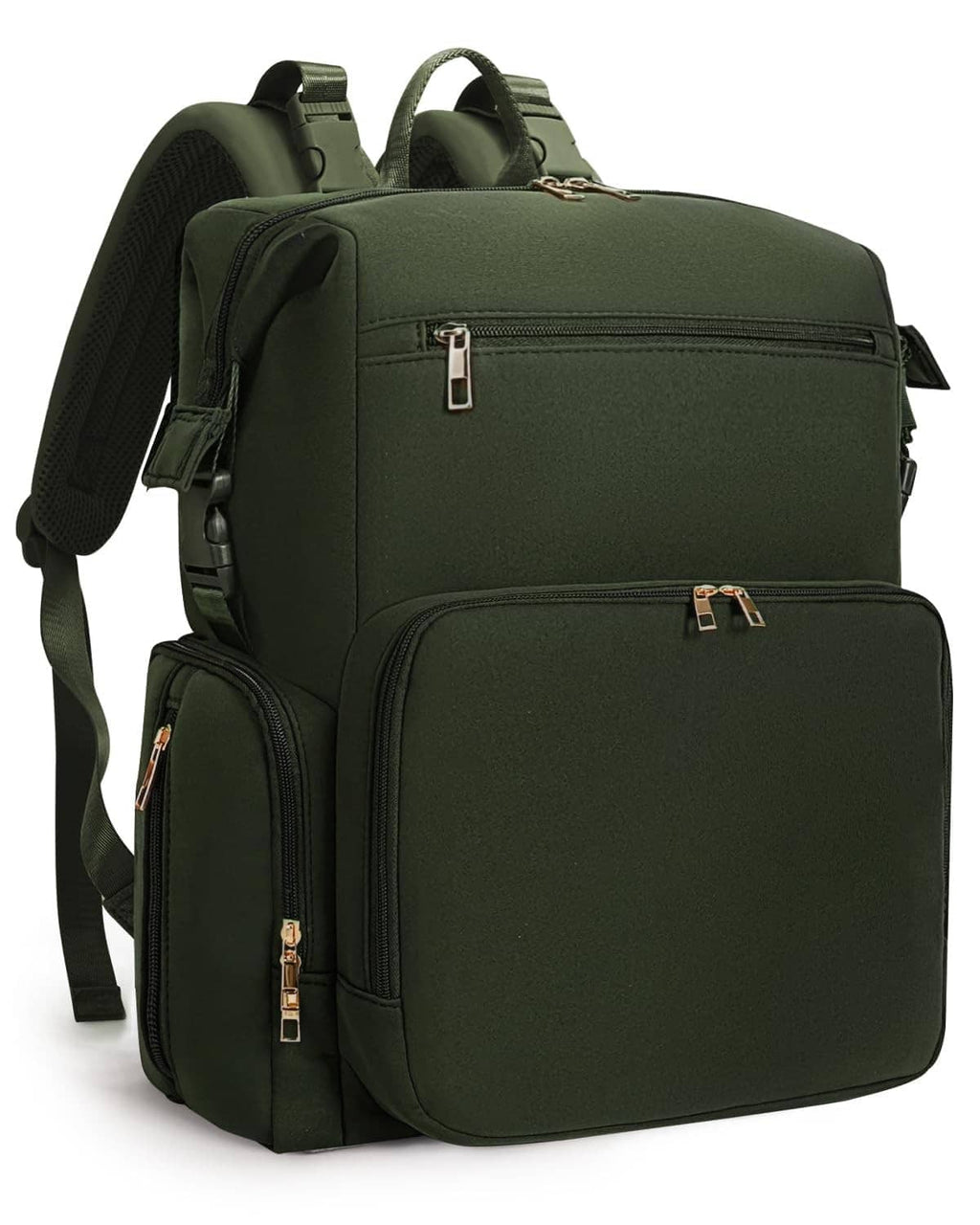 Green neoprene diaper bag backpack with front zipper pockets and adjustable shoulder straps.