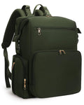 Green neoprene diaper bag backpack with front zipper pockets and adjustable shoulder straps.