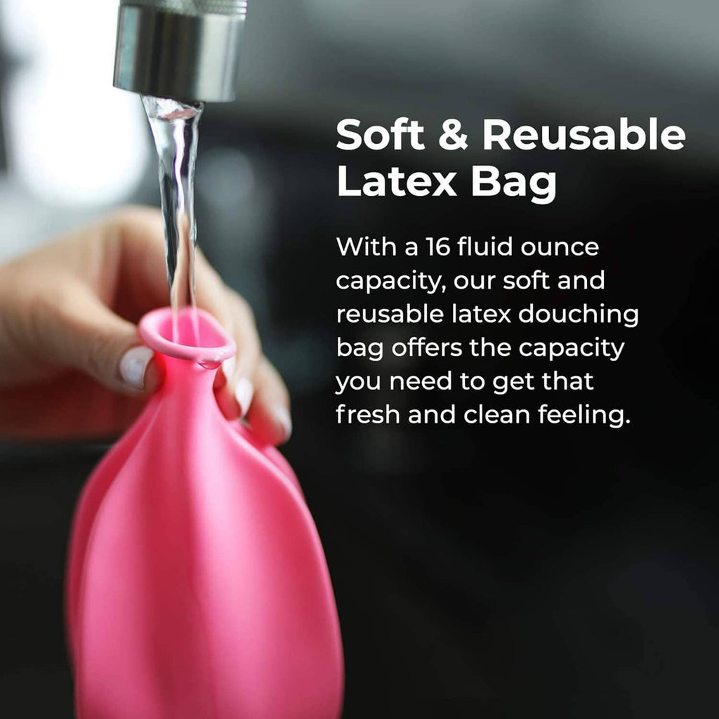 Pink reusable latex douche bag with dispensing nozzle and flowing stream