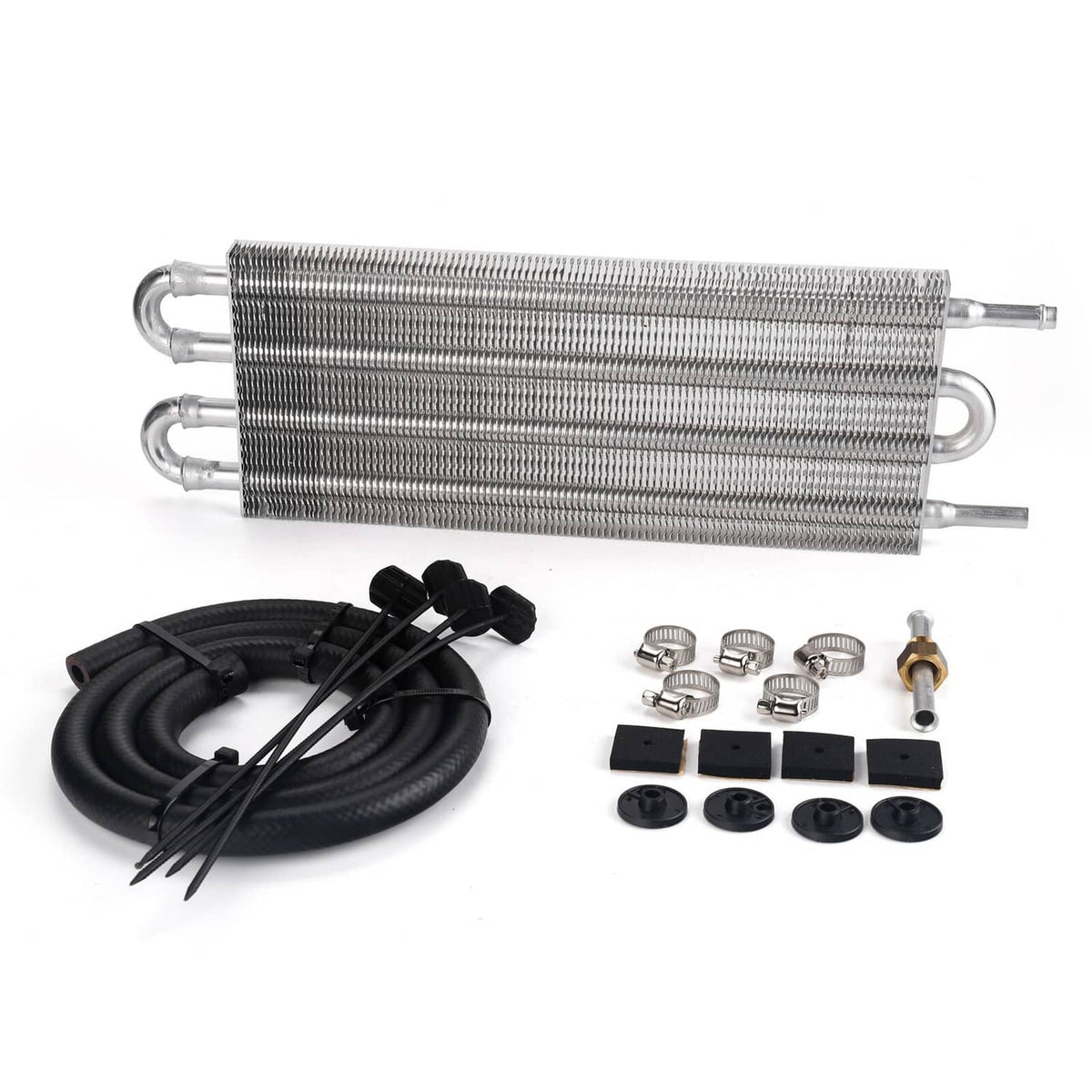 Aluminum transmission oil cooler with black hose, clamps, and mounting brackets