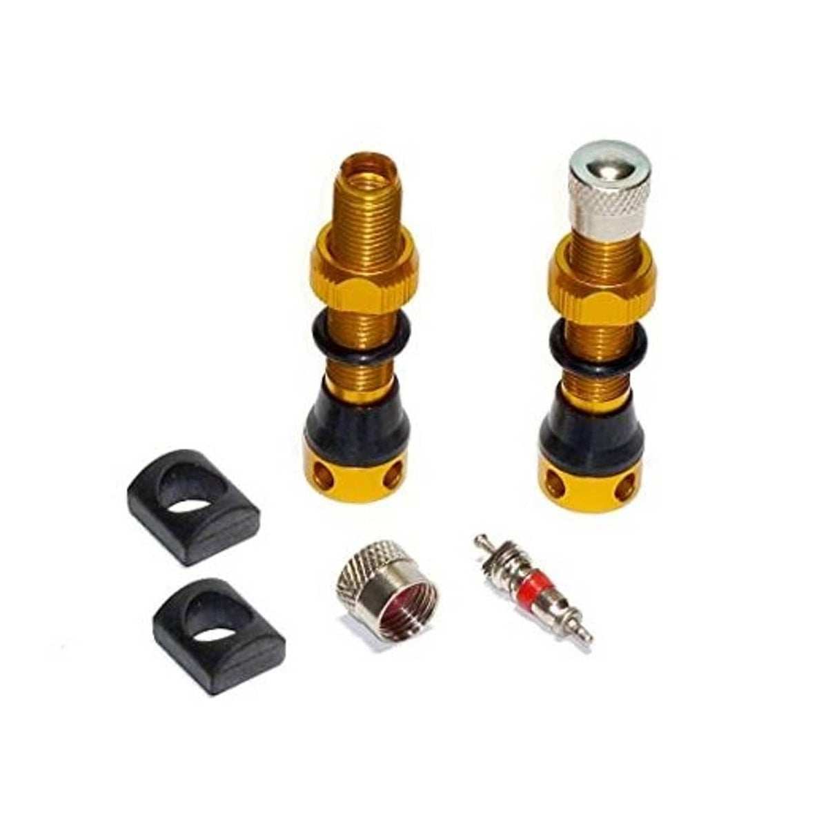 Gold alloy tubeless Schrader valves with caps, cores, and black rubber mounting pieces