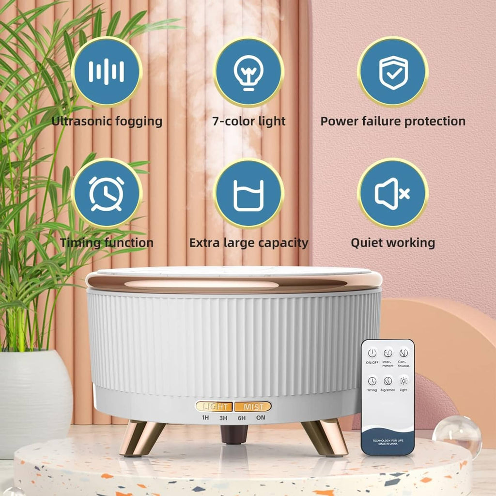 White ultrasonic essential oil diffuser with round top, gold feet, and remote control