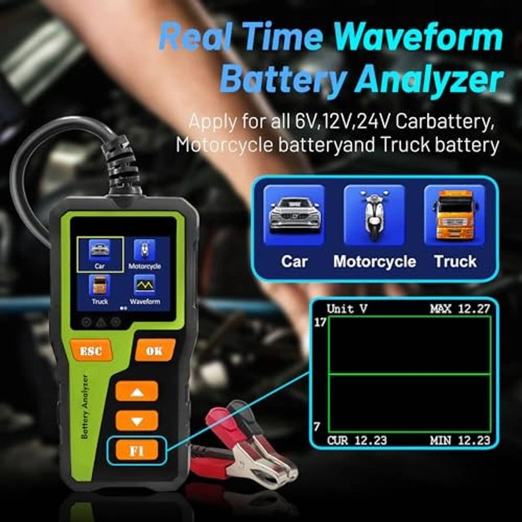 Car battery tester with LCD screen, orange buttons, and red alligator clips