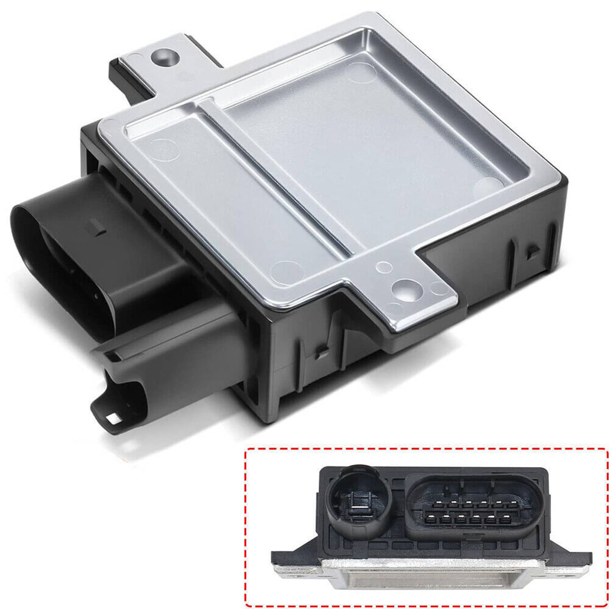 Glow plug control module with silver metal cover and two black electrical ports