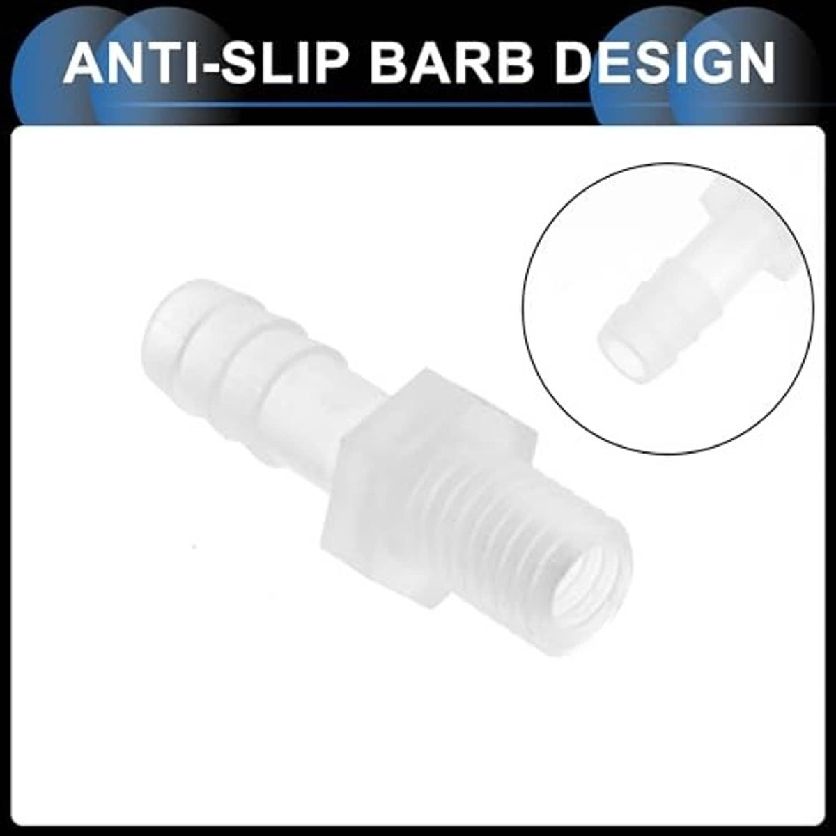 White plastic hose barb adapter with textured anti-slip grip on the barbed end