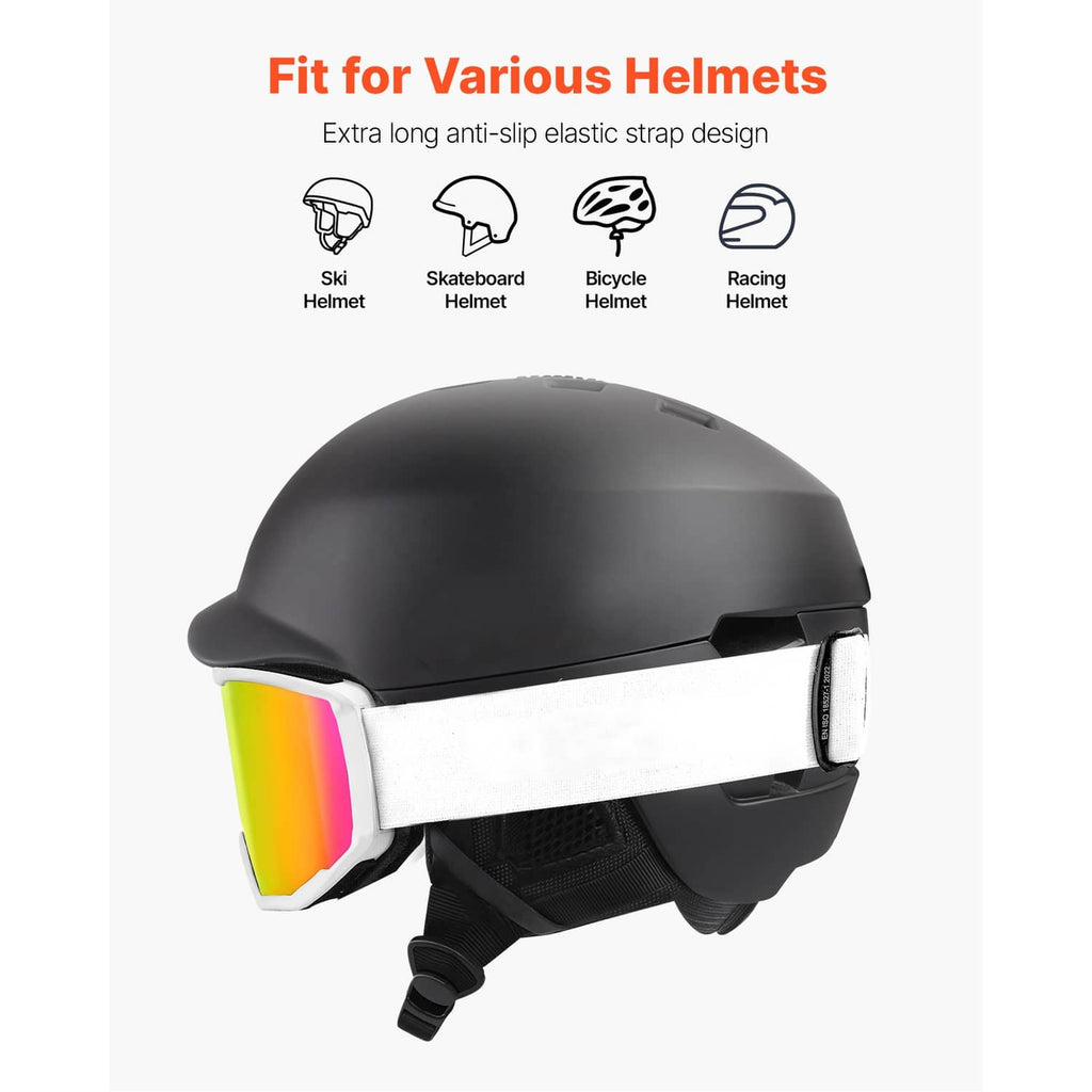 Ski goggles with reflective lens shown on a helmet, black-and-white frame