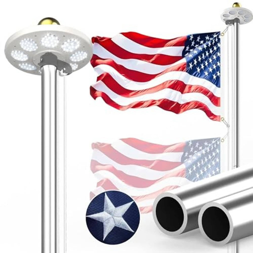 Solar LED flagpole kit with round light head and metal pole, two waving U.S. flags