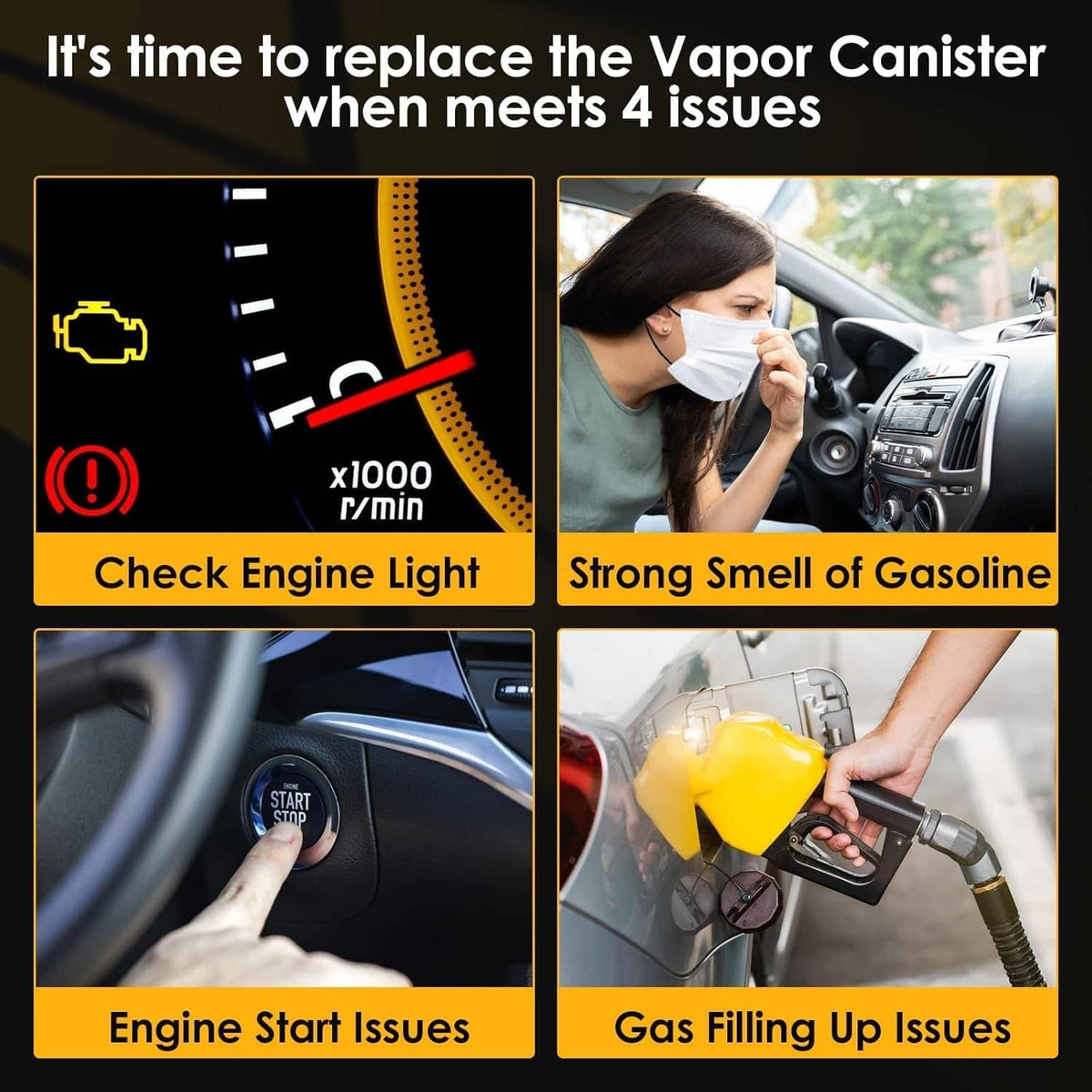Fuel vapor canister replacement warning graphic with check engine and gas smell icons