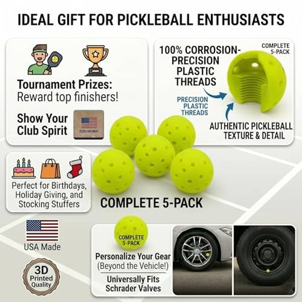 Set of five lime-green valve stem caps with pickleball ball texture, 5-pack.