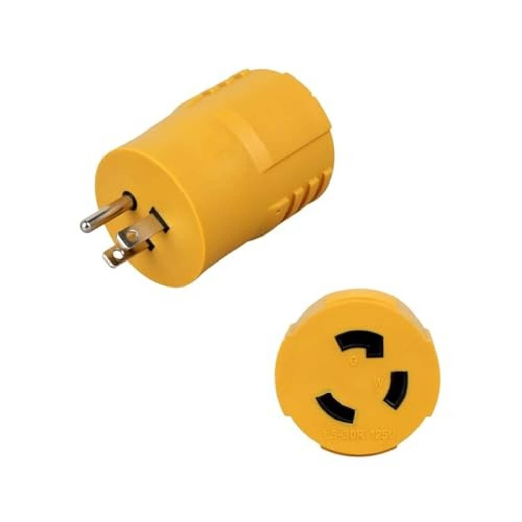 Yellow RV power adapter showing 3-prong plug and round 3-prong connector face