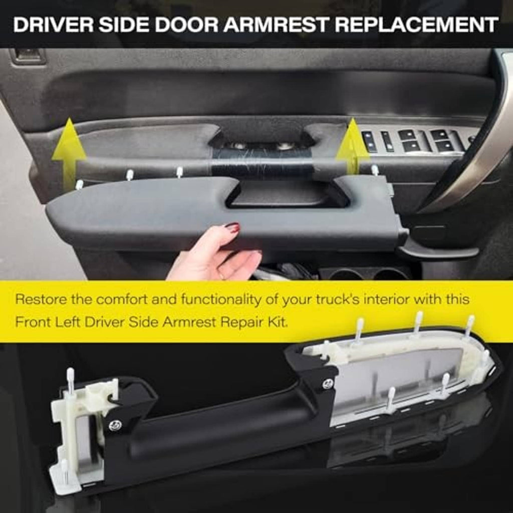 Driver-side door armrest replacement kit with installed armrest and internal brackets