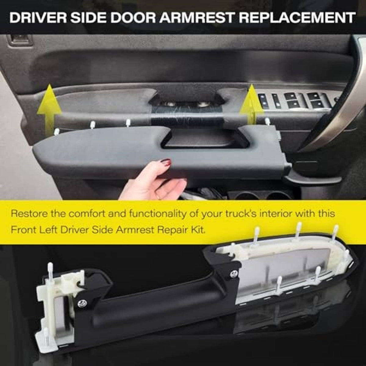 Driver-side door armrest replacement kit with installed armrest and internal brackets