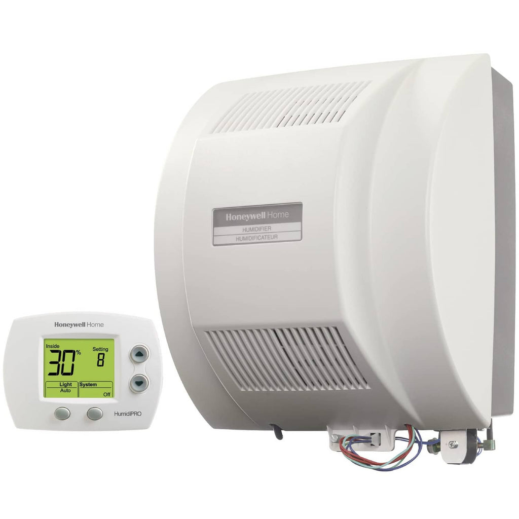 Whole-home humidifier with white housing, vented grille, and Honeywell Home label