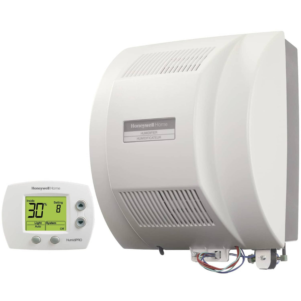 Whole-home humidifier with white housing, vented grille, and Honeywell Home label