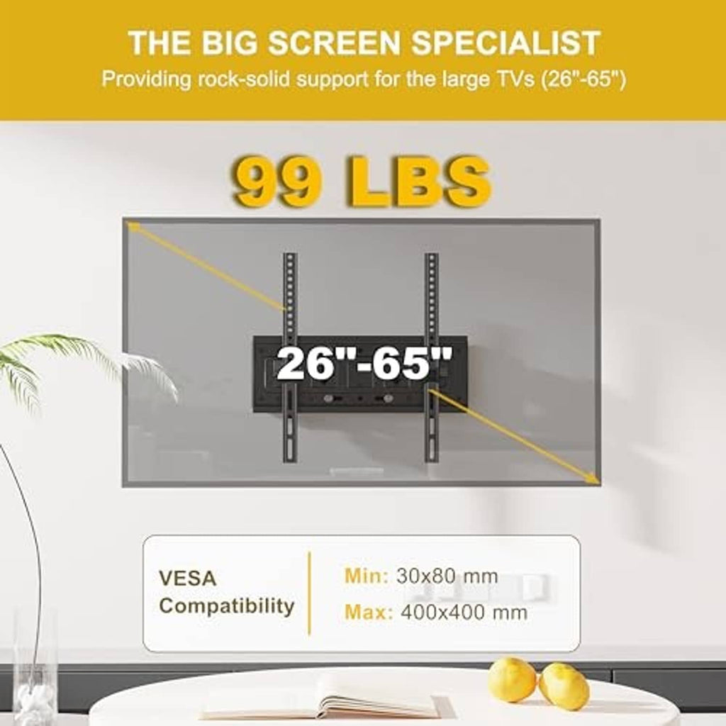 Black full-motion TV wall mount showing VESA mounting rail and bracket