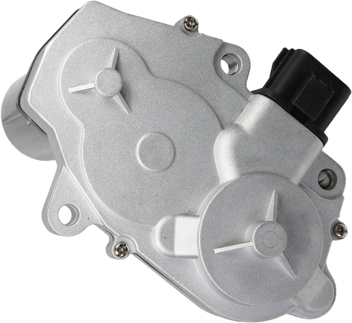 Transfer case shift actuator motor top view with circular caps and silver metal plate