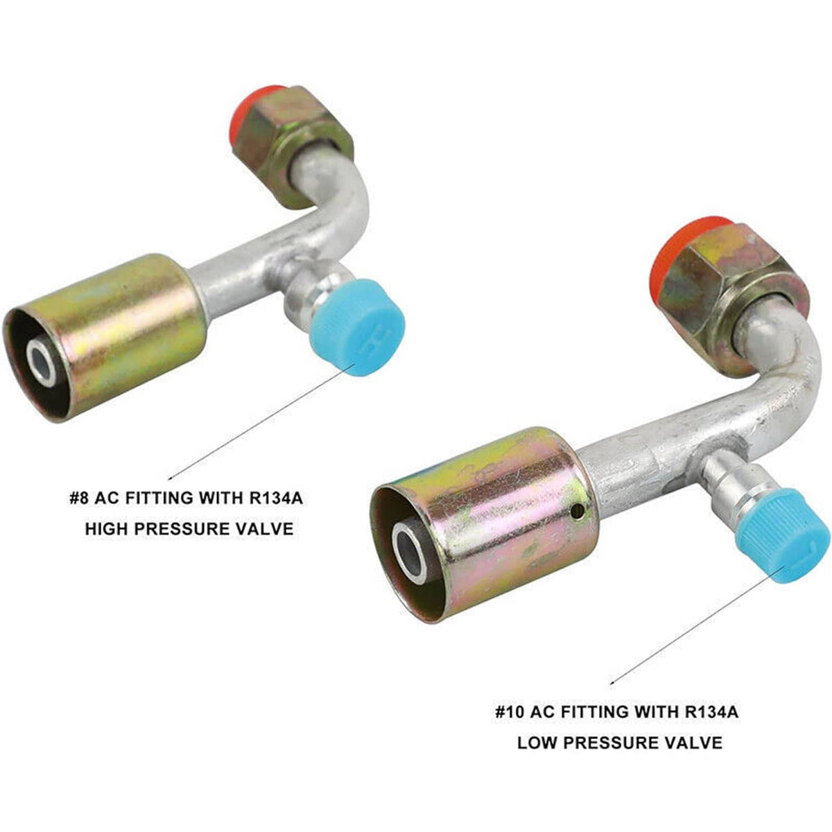 Angled A/C valve fittings with hex nuts and blue protective caps on tube ends