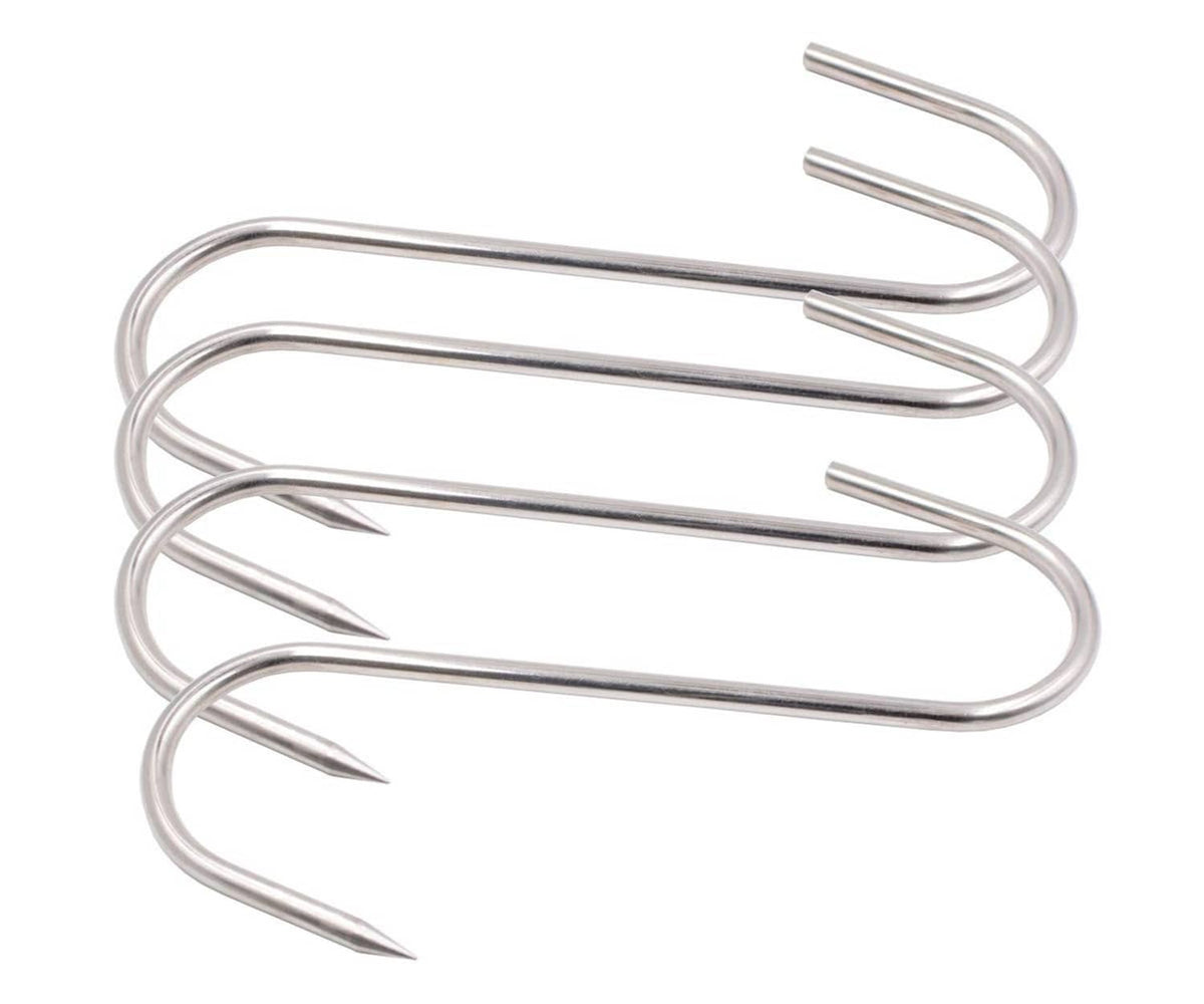 Stainless steel S-hook meat processing hooks, set of several with pointed ends
