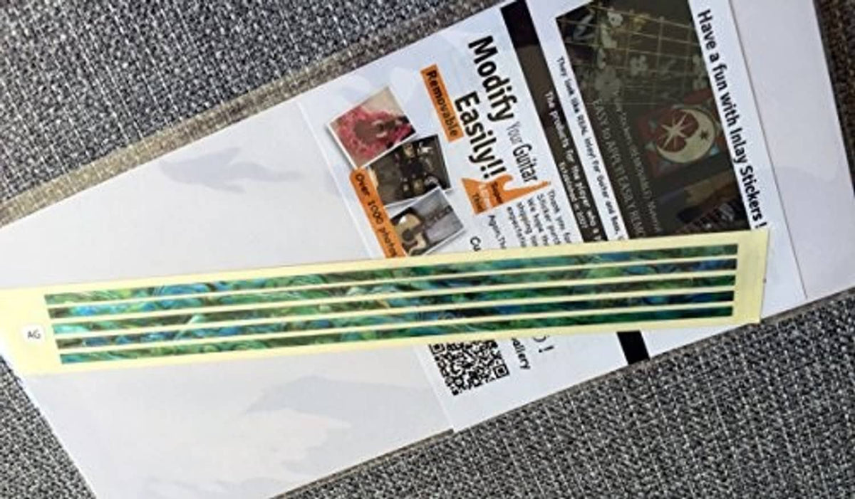 Set of guitar inlay sticker strips, long teal/green blue pattern on paper backing