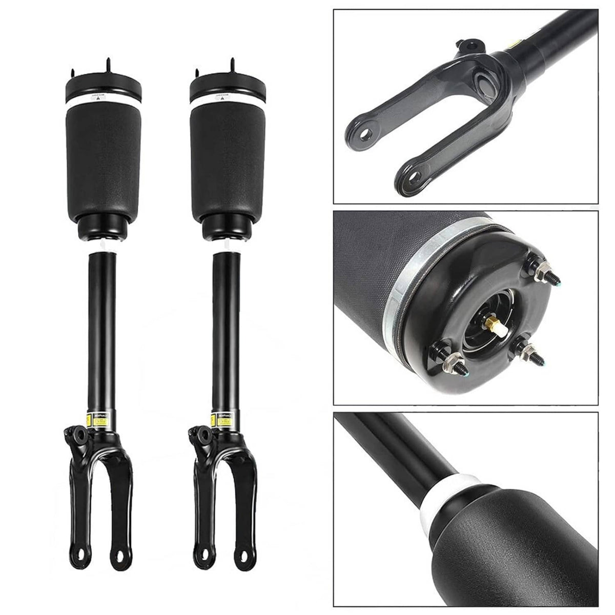 Front air suspension strut pair with fork arms and top mounting ports