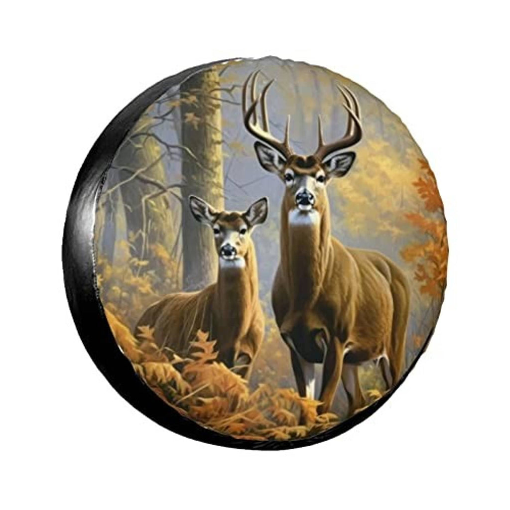 Round RV spare tire cover with forest deer scene and black rim border