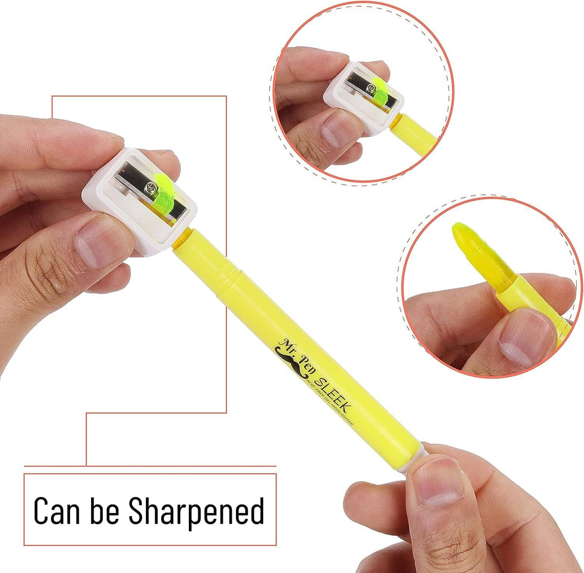 Yellow gel highlighter twist-up pen held in hand, tip shown for sharpening
