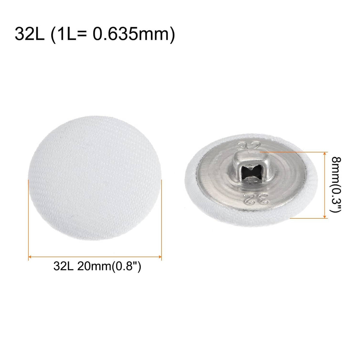 White fabric-covered round button, 20mm, shows metal shank and front snap