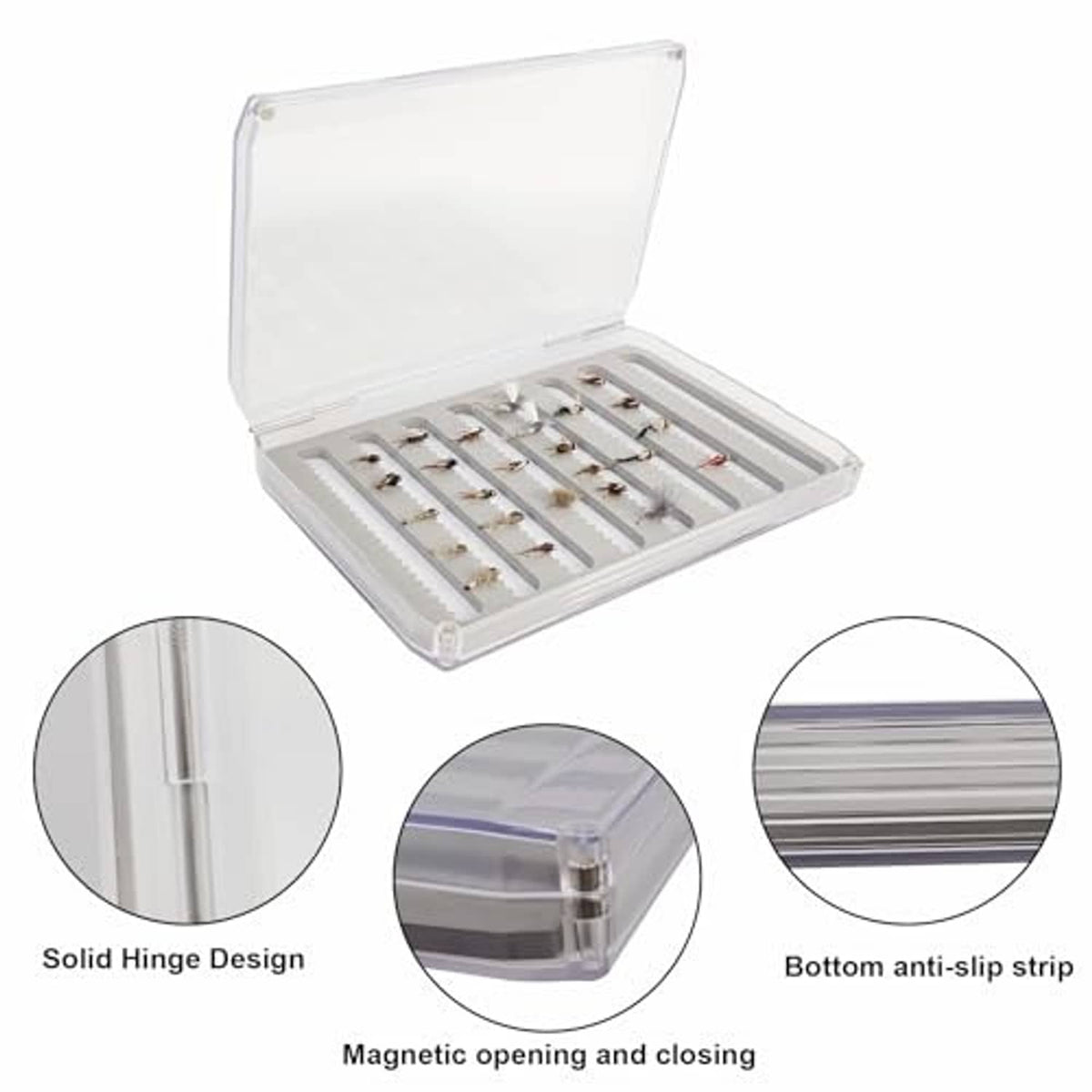 Clear tackle box open with solid hinge design and bottom anti-slip strip