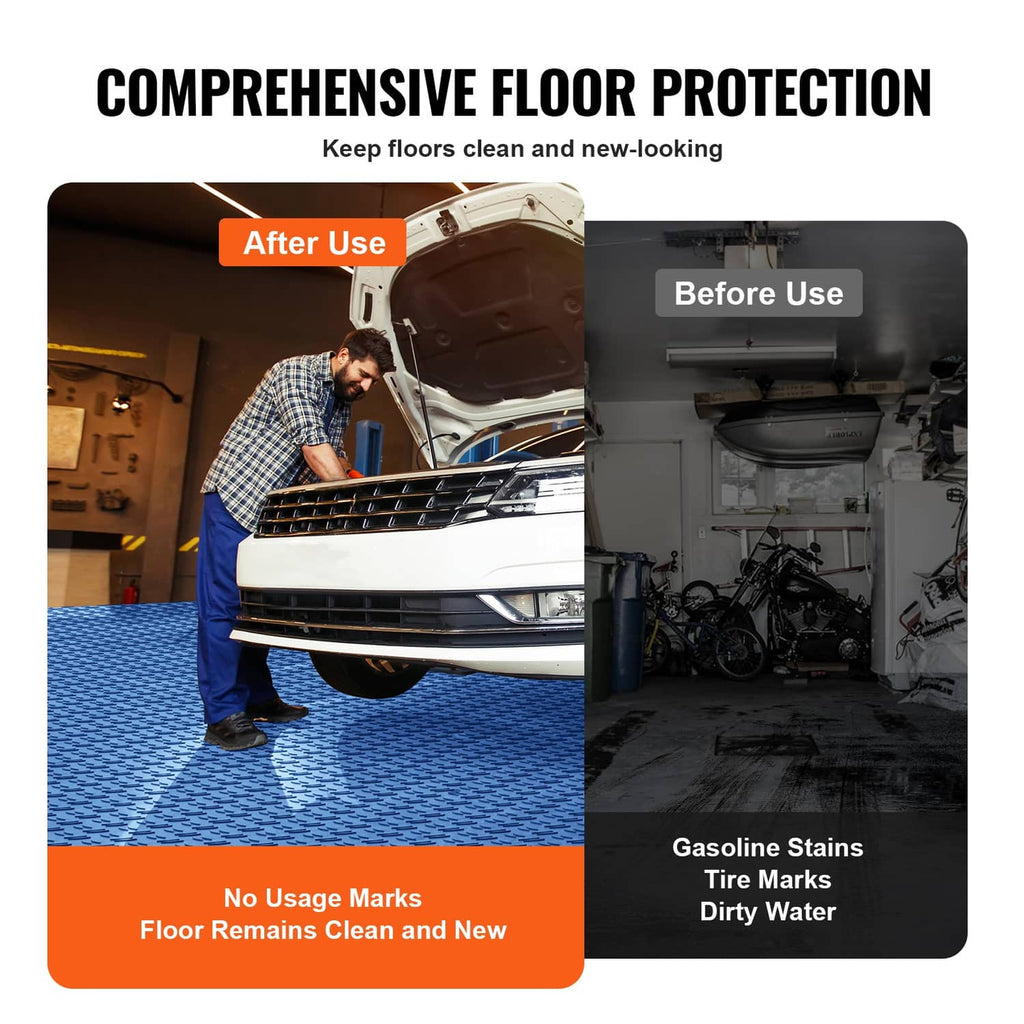 Blue interlocking garage floor tiles showing clean protection for workshop floors