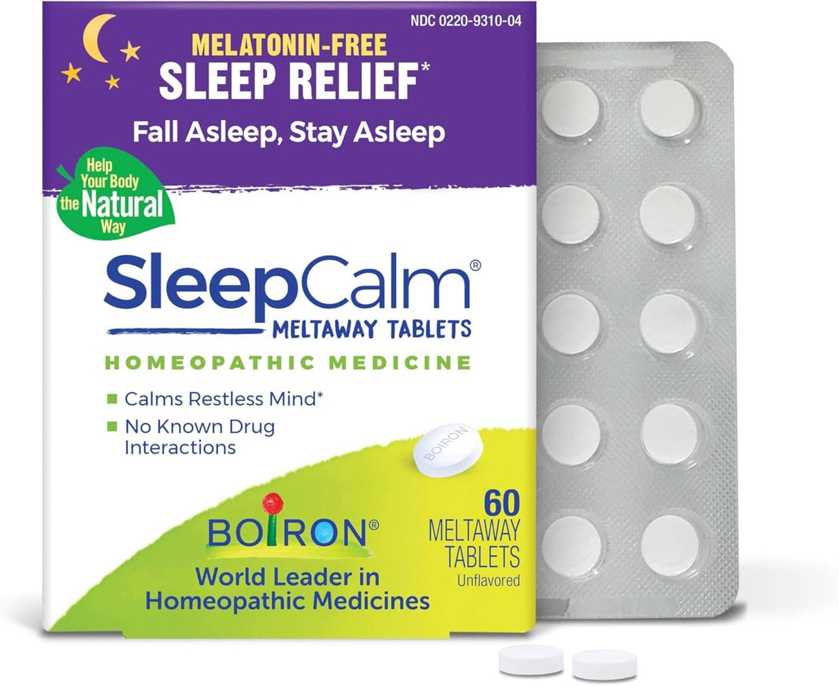 SleepCalm meltaway tablets box with blister pack and white round tablets