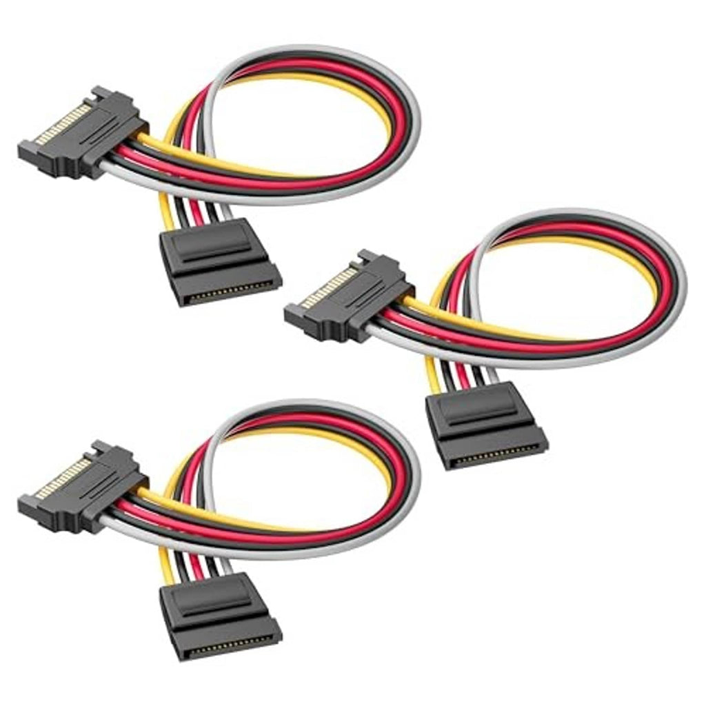 3-pack SATA power extension cables with gray 15-pin connectors and multicolor wire leads