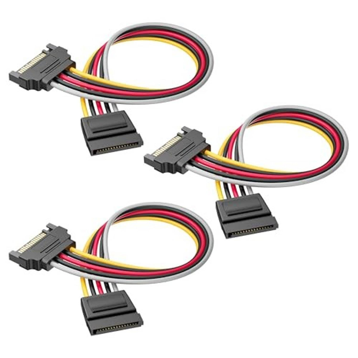 3-pack SATA power extension cables with gray 15-pin connectors and multicolor wire leads