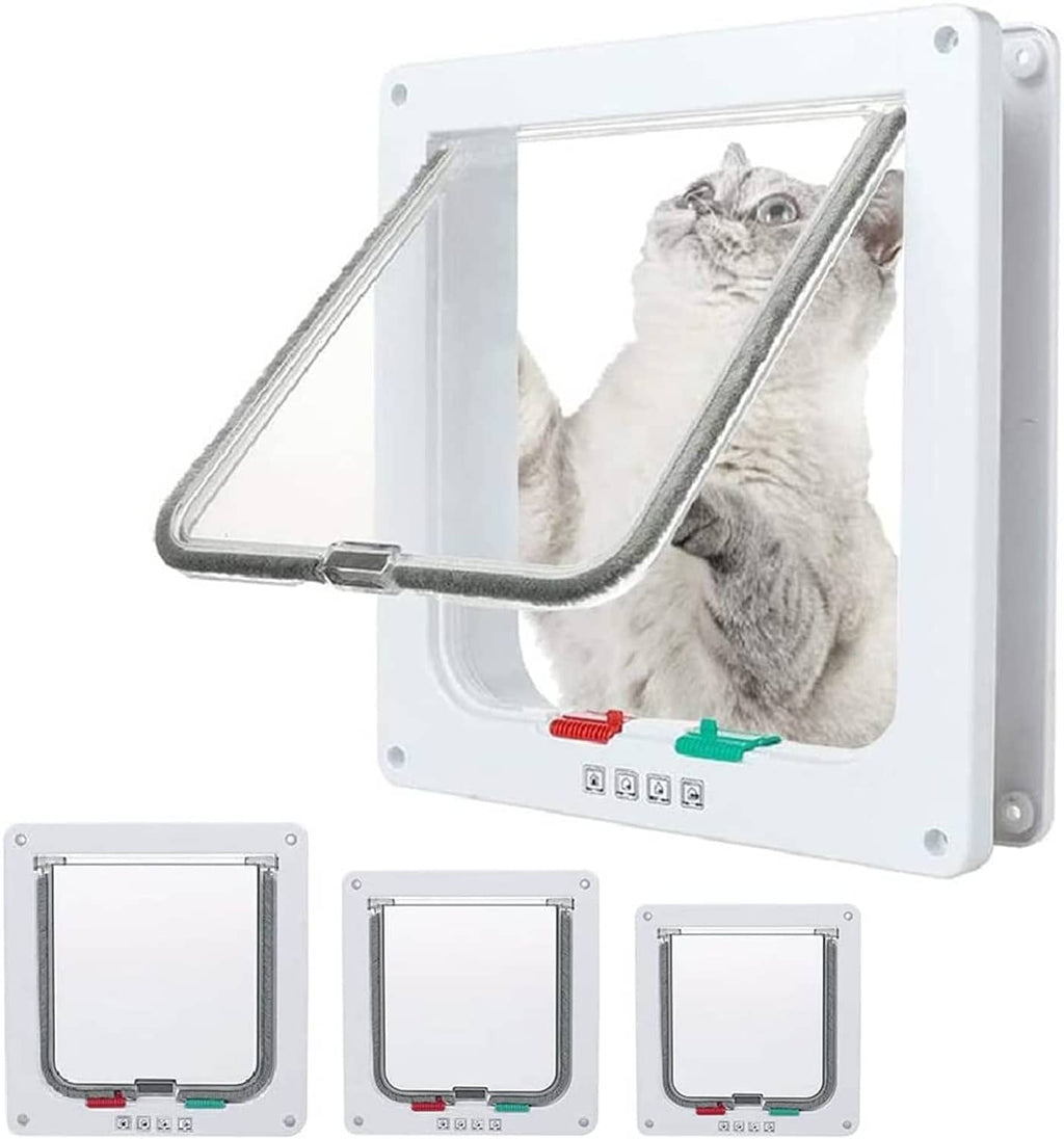 White cat door flap with gray cat and hinged clear flap window