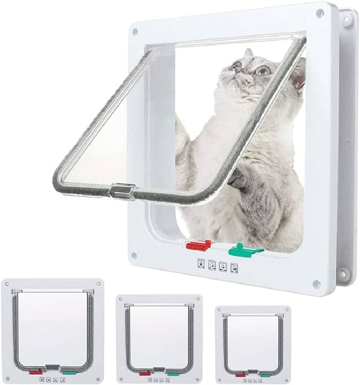 White cat door flap with gray cat and hinged clear flap window