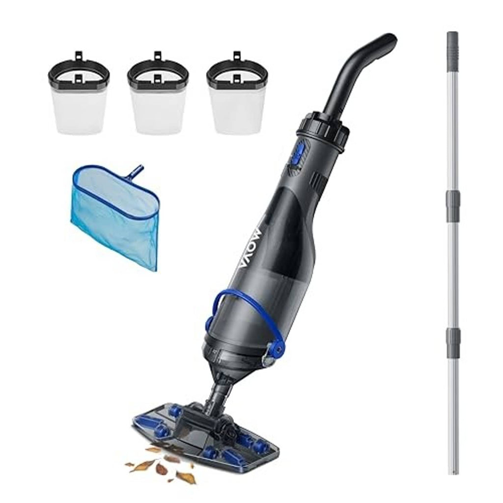 Cordless pool vacuum with clear suction head, curved handle, extension pole, filter buckets