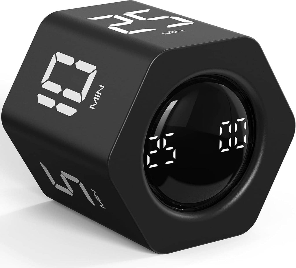 Black rotating pomodoro timer with digital countdown display and side control buttons