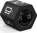 Black rotating pomodoro timer with digital countdown display and side control buttons