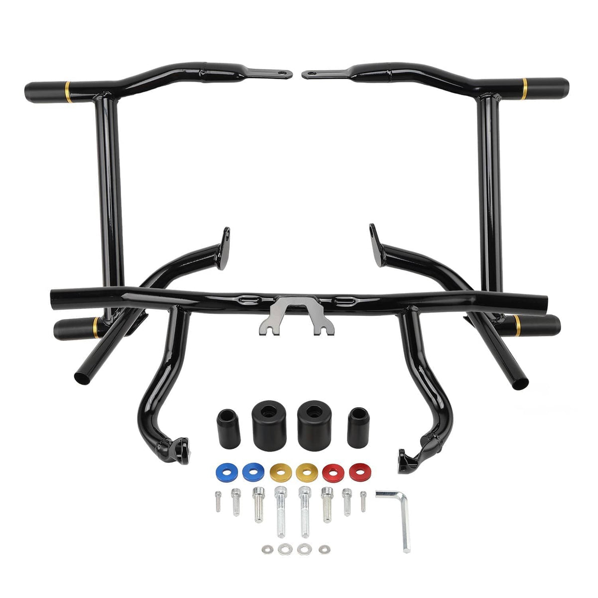 Black crash bar set with crossbar, side guards, and included bolts and colored washers
