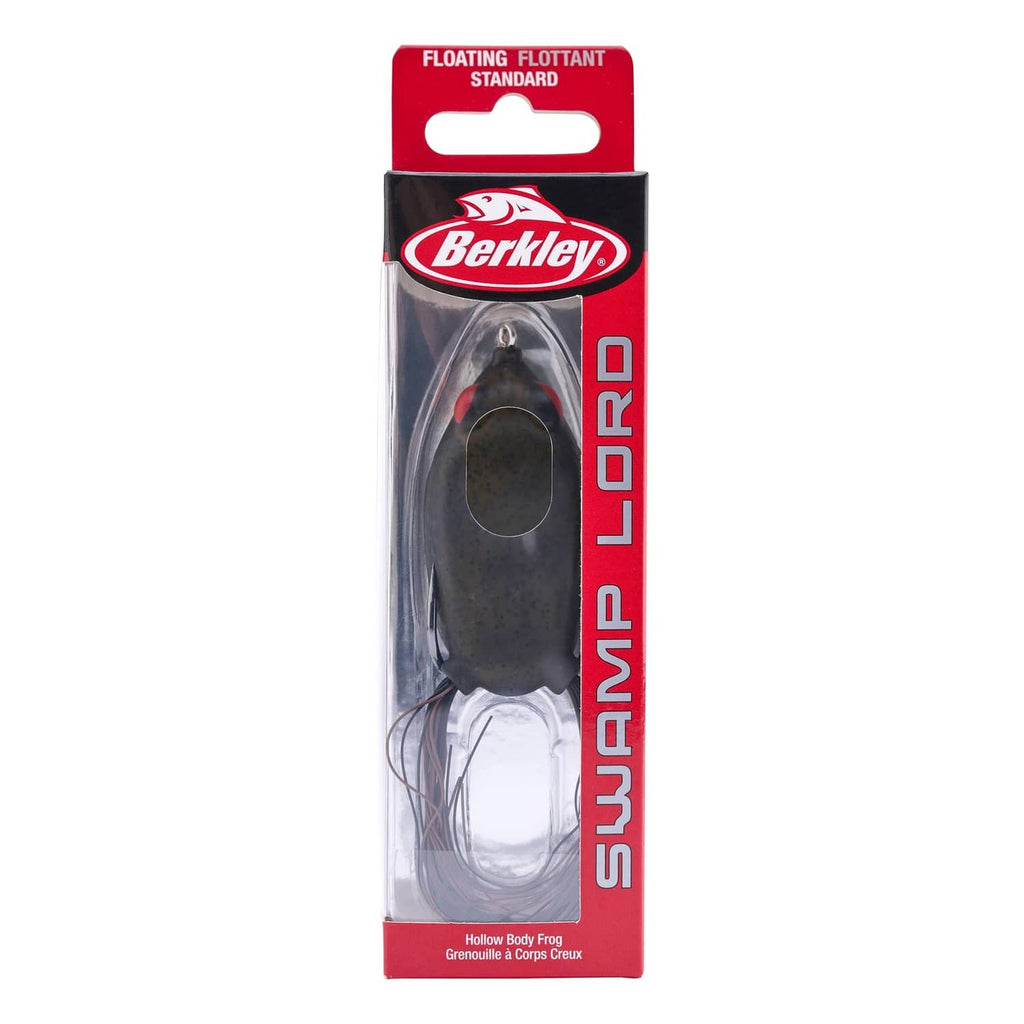 Berkley Swim-Floating Frog lure package, dark hollow-body frog with hanging hook