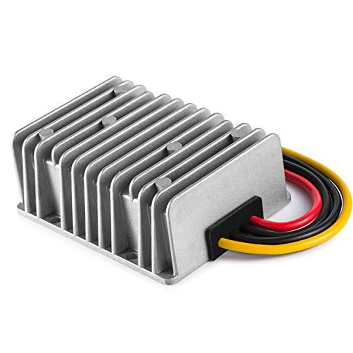 DC step-down converter with stacked aluminum heat sink and color-coded wire harness