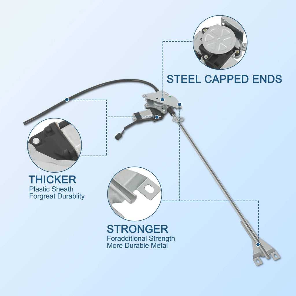 Power window regulator with cable and linkage arms, steel-capped ends