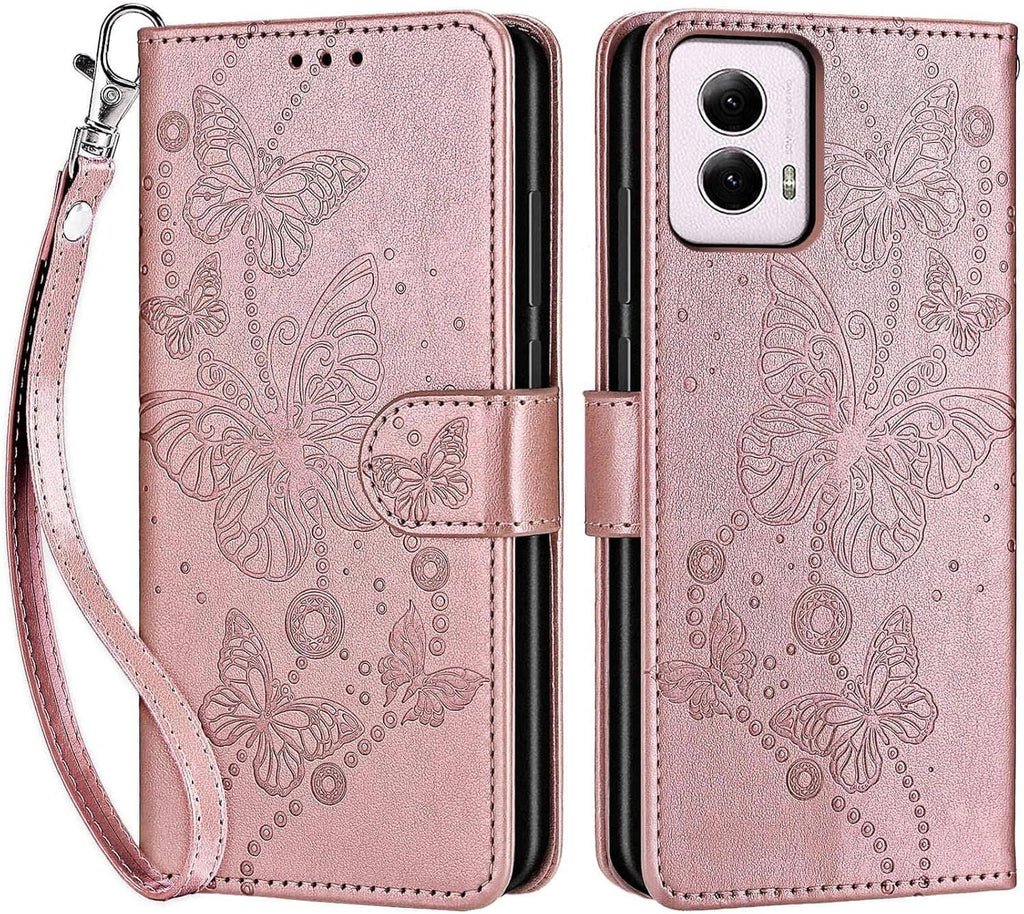 Pink butterfly embossed flip wallet case with belt-style closure and camera cutouts