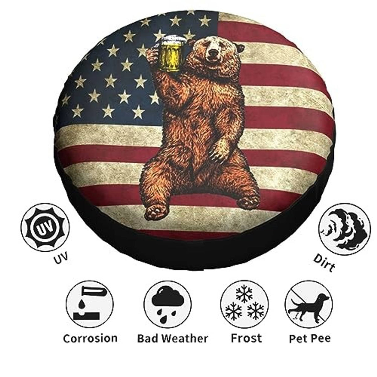 Bear and American flag RV tire cover with UV, frost, and dirt protection icons