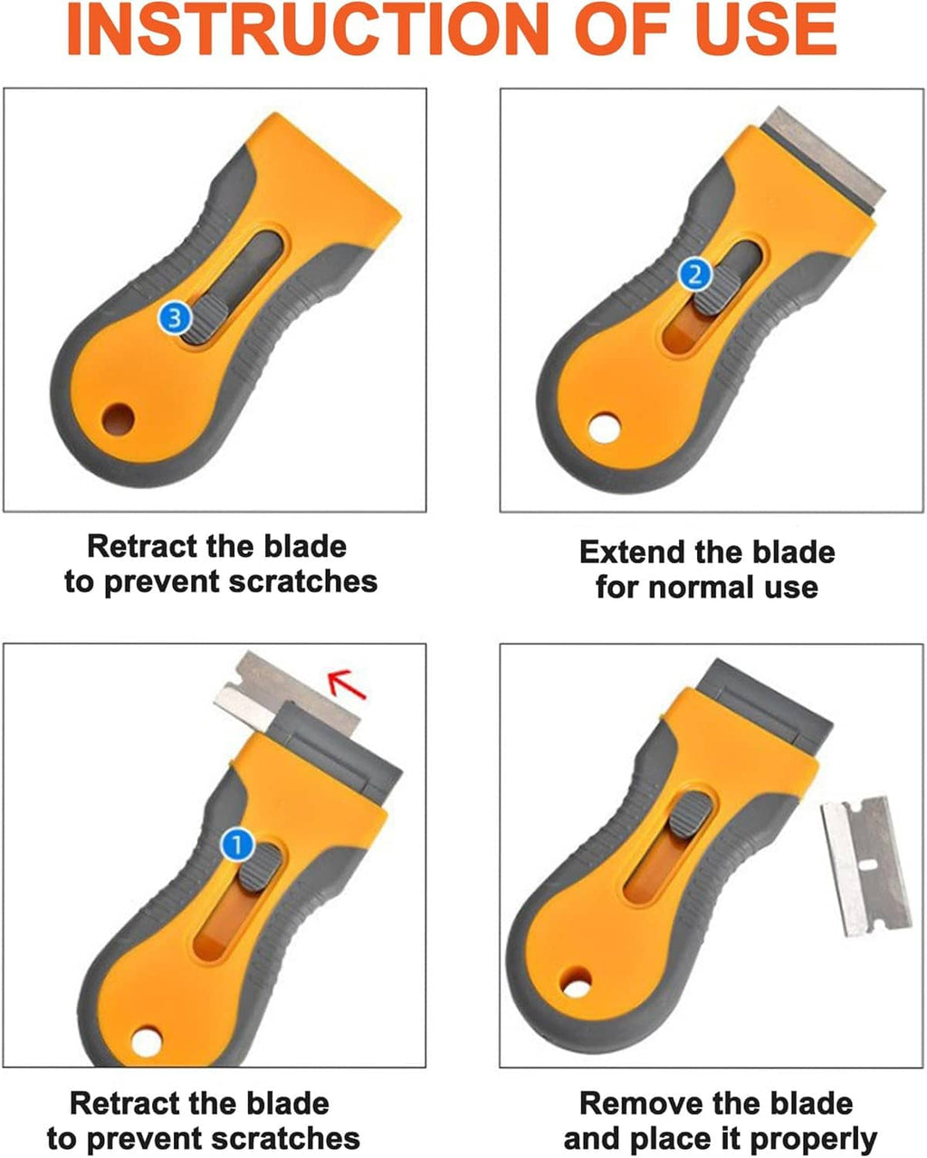 Retractable razor blade scraper with diagrams for retracting and extending the blade