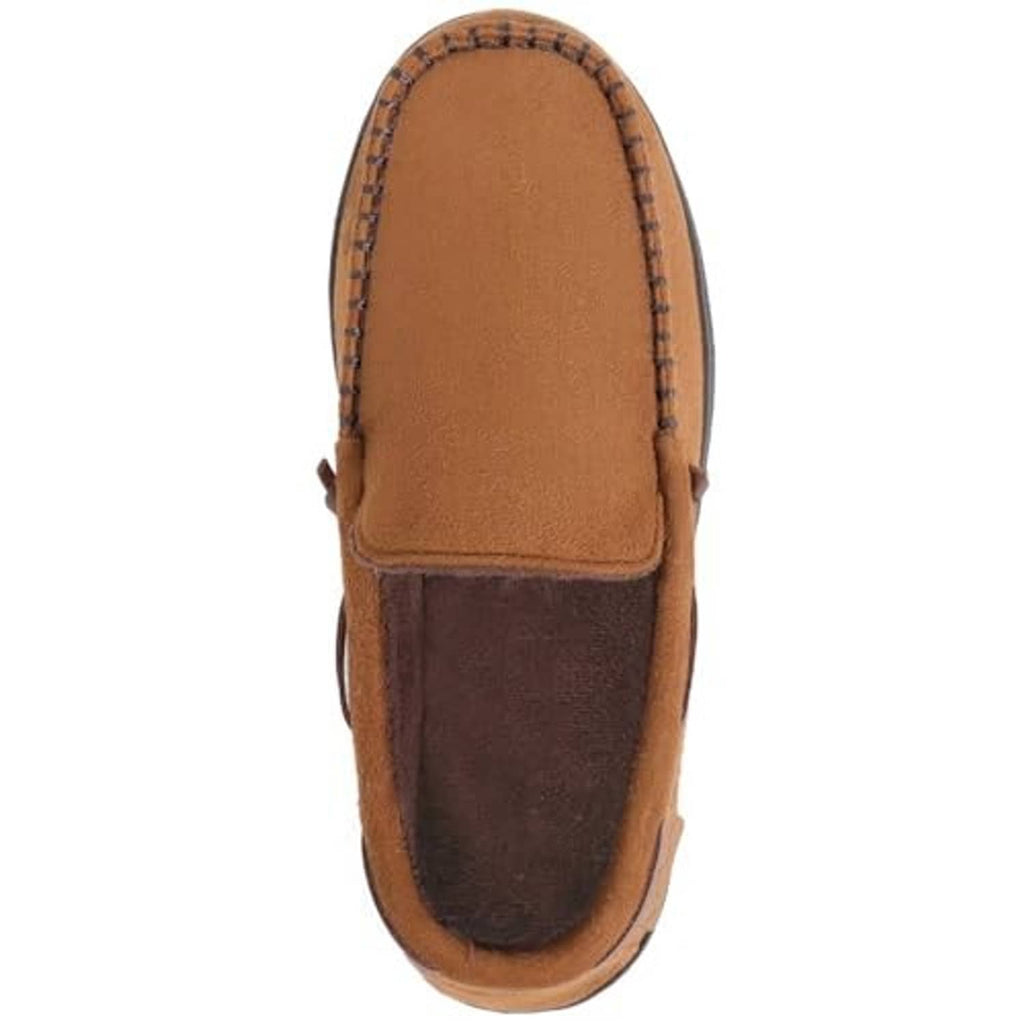 Camel suede moccasin slipper with dark interior lining and stitched front