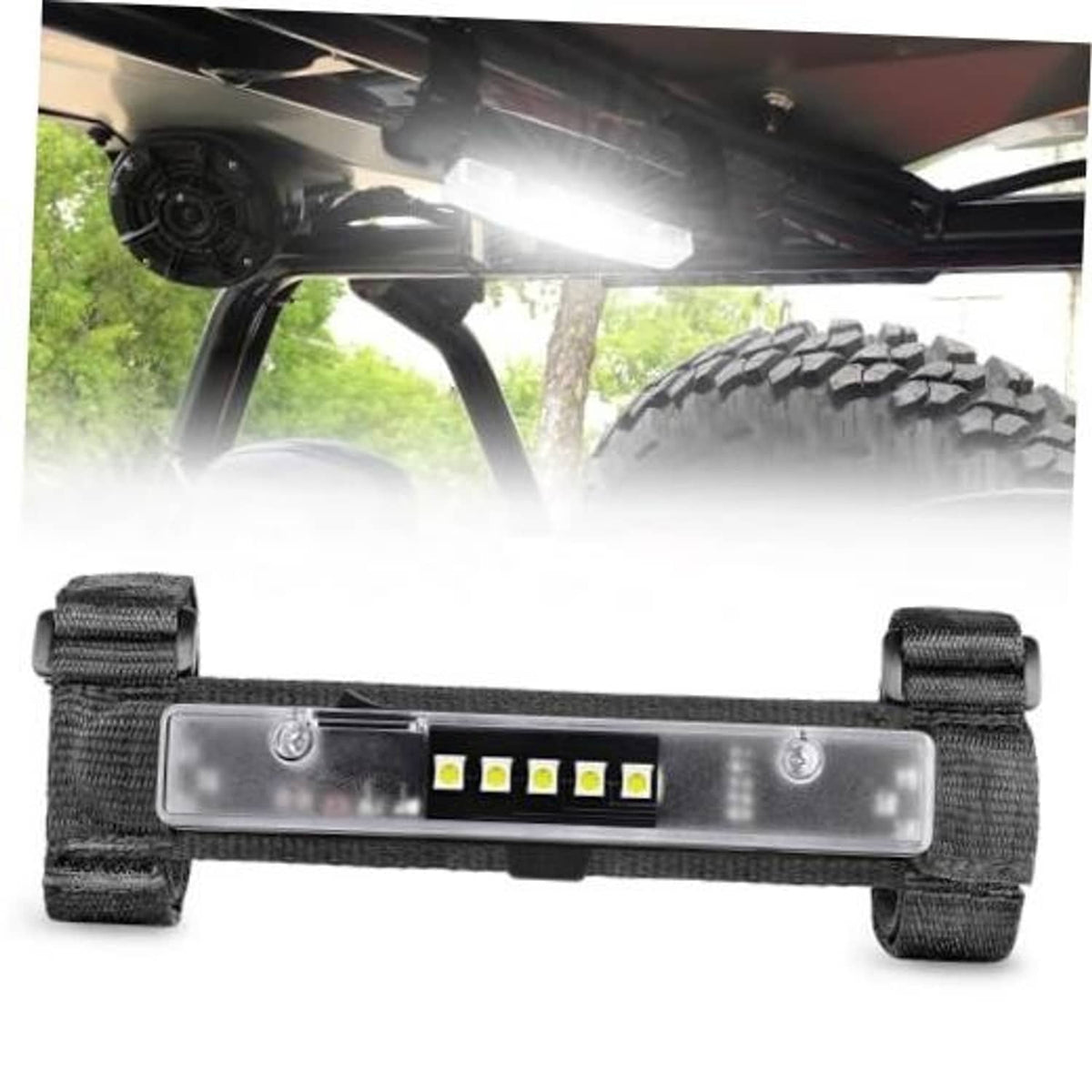 Battery-powered LED light bar with clear lens and black fabric wrap straps