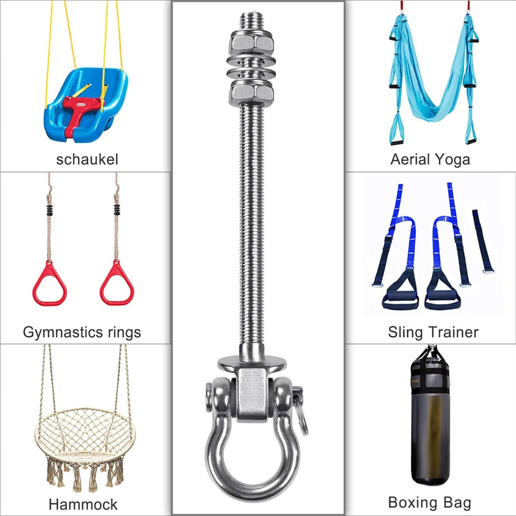 Stainless steel swing hanger hook shown with multiple exercise application icons