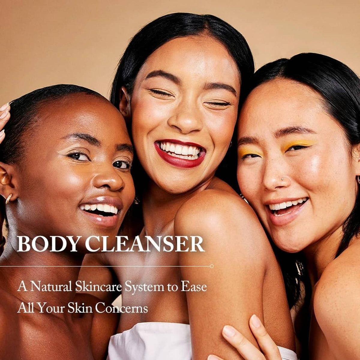 Body cleanser promotional image with smiling people and text